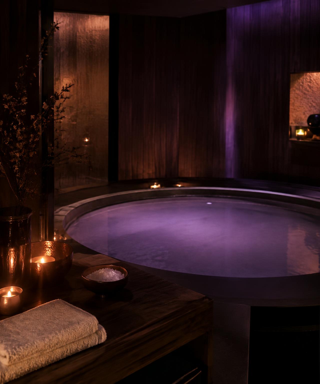 A private float suite lit by warm candlelight